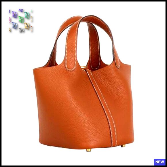 Genuine Leather Bucket Bag Handheld Tote Bohemian Style Metal Clasp - Picture 5 of 7